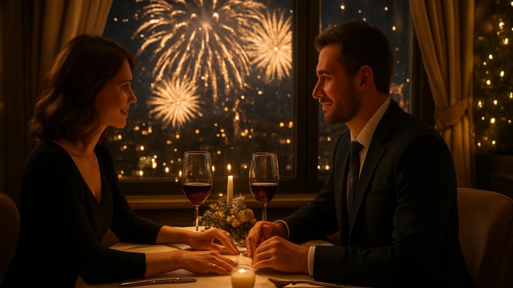 Coppia durante una cena romantica di Capodanno